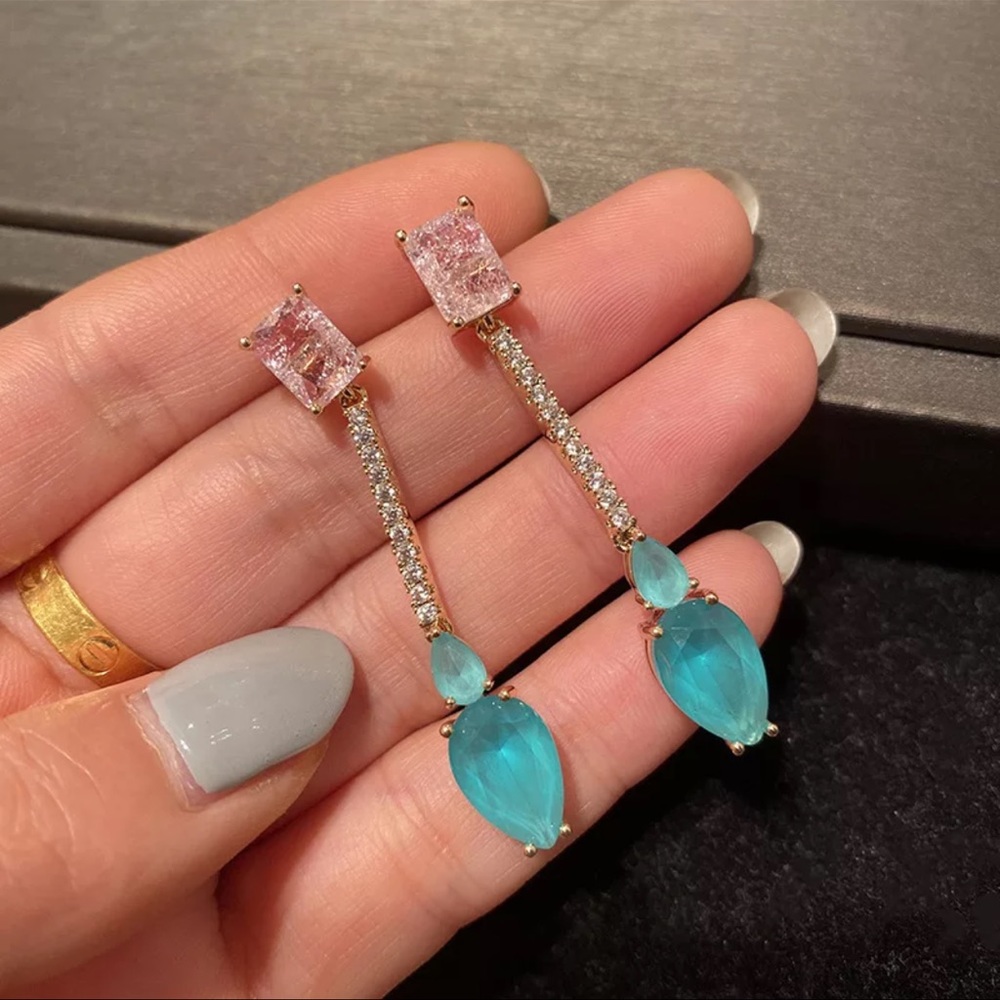 fashion light blue cz simple long drop earring for women